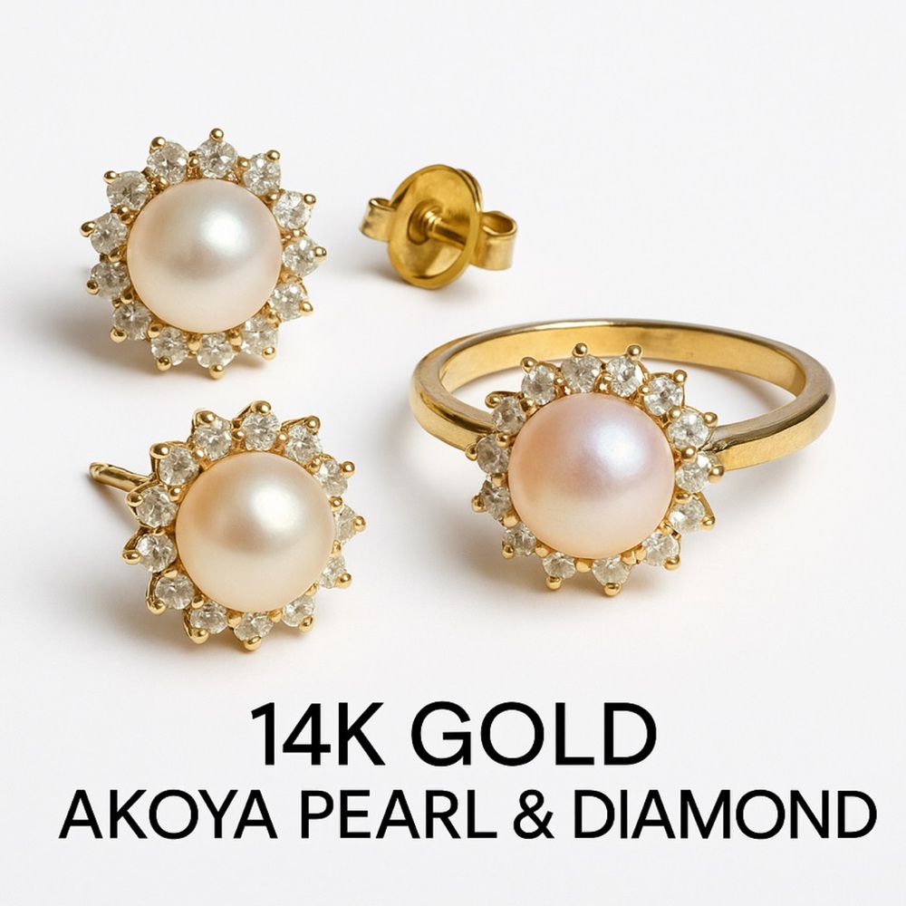 14 K Solid Gold Akoya Natural Pearl/15 Diamonds Halo Design Size 5 , 4.48 gm Wt